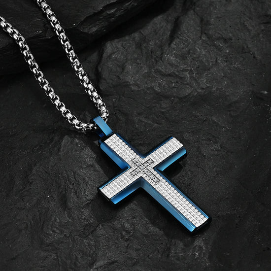Stainless Steel Plaid Cross Pendant Necklace