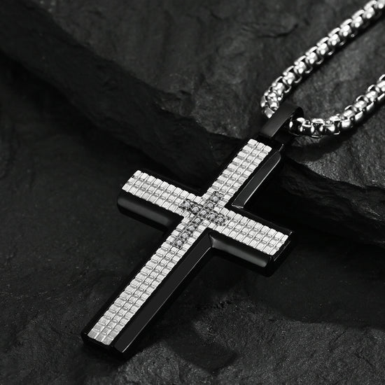 Stainless Steel Plaid Cross Pendant Necklace